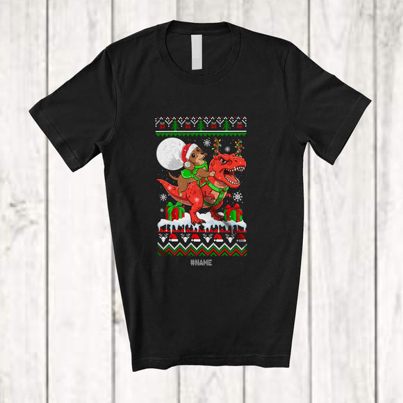 MacnyStore - Personalized Custom Name Santa Dachshund Riding T-Rex; Awesome Christmas Sweater Animal T-Shirt