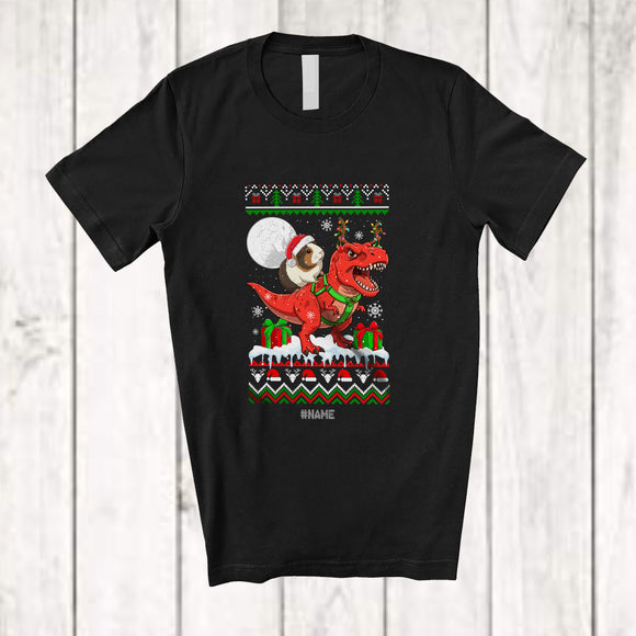 MacnyStore - Personalized Custom Name Santa Guinea Pig Riding T-Rex; Awesome Christmas Sweater Animal T-Shirt