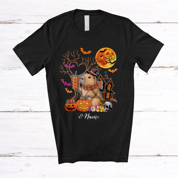 MacnyStore - Personalized Custom Name Witch Capybara Drink Coffee; Humorous Halloween Moon Animal T-Shirt