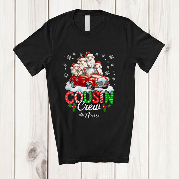 MacnyStore - Personalized Custom Name Cousin Crew; Lovely Christmas Sheep On Pickup Truck; Farmer Family T-Shirt