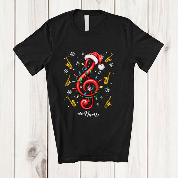 MacnyStore - Personalized Custom Name Santa Music Saxophone; Joyful Christmas Lights Musical Instruments Player T-Shirt