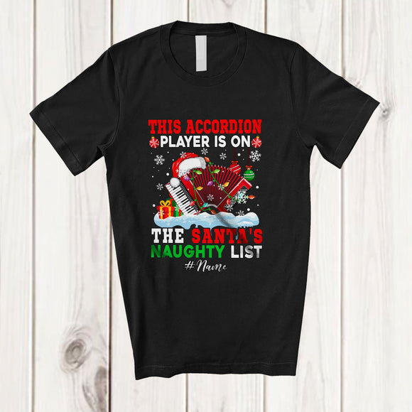 MacnyStore - Personalized Custom Name Accordion Player Team On Naughty List; Joyful Christmas Musician Snowman T-Shirt