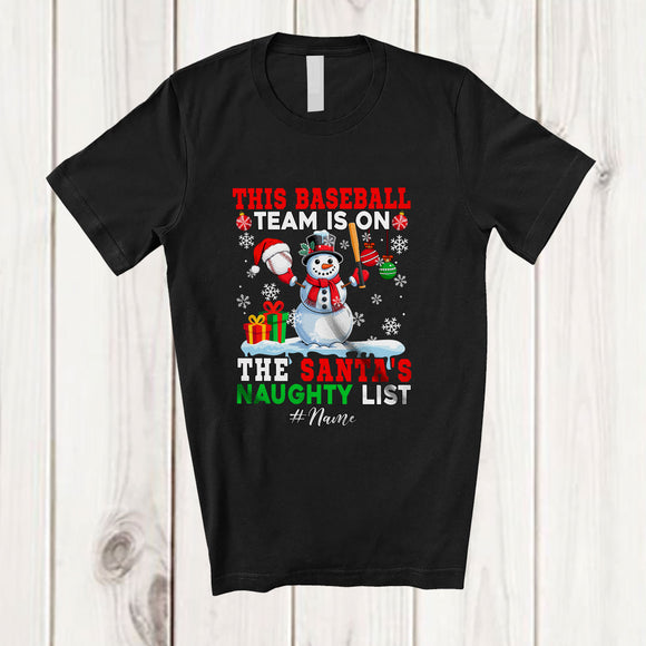 MacnyStore - Personalized Custom Name Baseball Team On Naughty List; Joyful Christmas Player Snowman T-Shirt