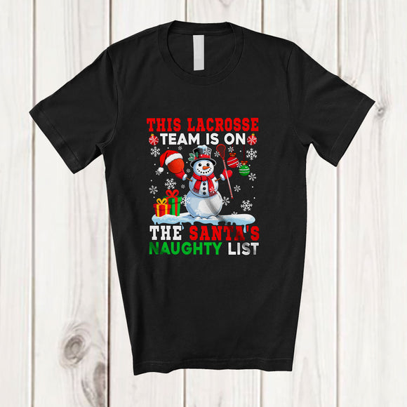 MacnyStore - Personalized Custom Name Lacrosse Team On Naughty List; Joyful Christmas Player Snowman T-Shirt
