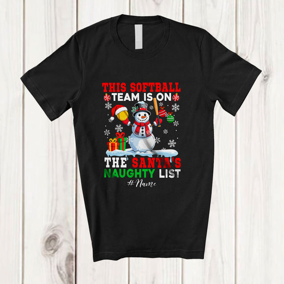 MacnyStore - Personalized Custom Name Softball Team On Naughty List; Joyful Christmas Player Snowman T-Shirt