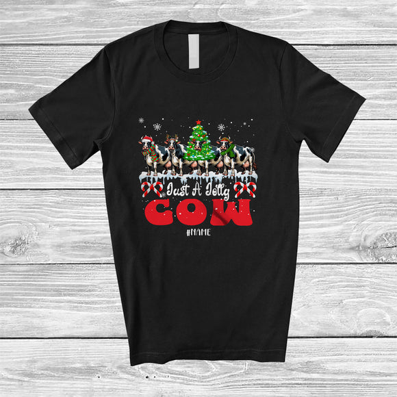 MacnyStore - Personalized Custom Name Just A Jolly Cow; Adorable Christmas Tree Santa Elf Farm Farmer T-Shirt