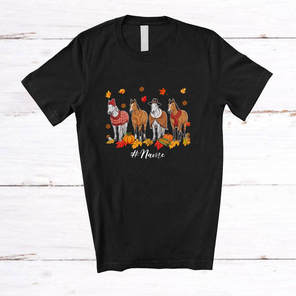 MacnyStore - Personalized Custom Name Four Fall Leaves Horse; Amazing Thanksgiving Farm Animal Farmer T-Shirt
