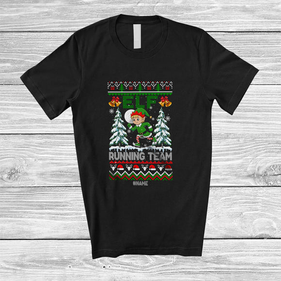 MacnyStore - Personalized Custom Name Elf Running Team; Amusing Christmas Tree Sweater Runner T-Shirt