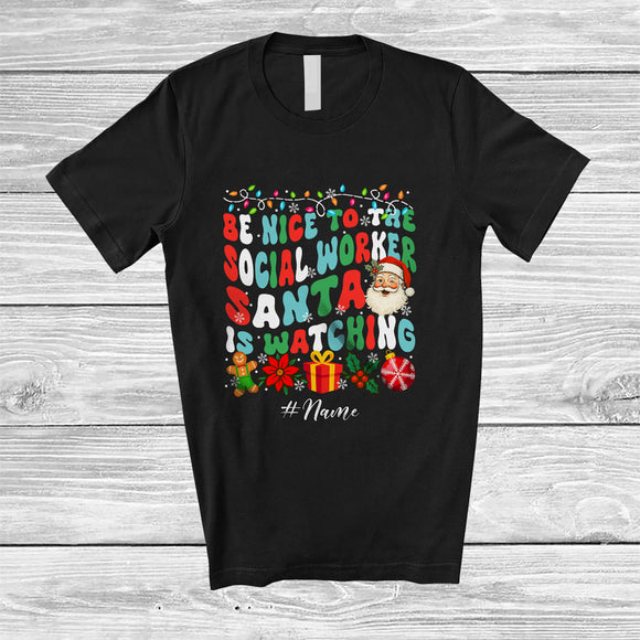 MacnyStore - Personalized Custom Name Nice To Social Worker Santa Watching; Lovely Christmas Groovy Jobs T-Shirt