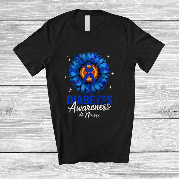 MacnyStore - Personalized Custom Name Diabetes Awareness; Lovely Blue Ribbon Daisy Flower; Family Group T-Shirt