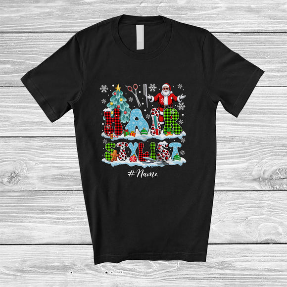 MacnyStore - Personalized Custom Name Hair Stylist; Fantastic Christmas Tree Santa Plaid Leopard; Proud Jobs T-Shirt