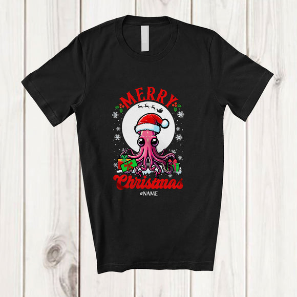 MacnyStore - Personalized Custom Name Merry Christmas; Adorable X-mas Moon Santa Squid Sea Animal T-Shirt