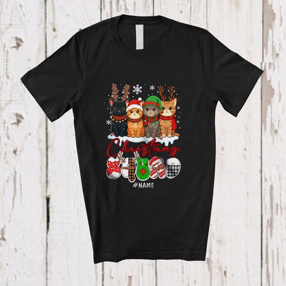 MacnyStore - Personalized Custom Name Christmas Squad; Adorable X-mas Plaid Four Santa Elf Cat Owner T-Shirt