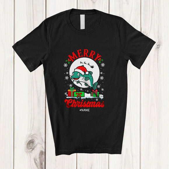 MacnyStore - Personalized Custom Name Merry Christmas; Adorable X-mas Moon Santa Catfish Sea Animal T-Shirt
