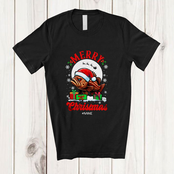 MacnyStore - Personalized Custom Name Merry Christmas; Adorable X-mas Moon Santa Grouper Sea Animal T-Shirt