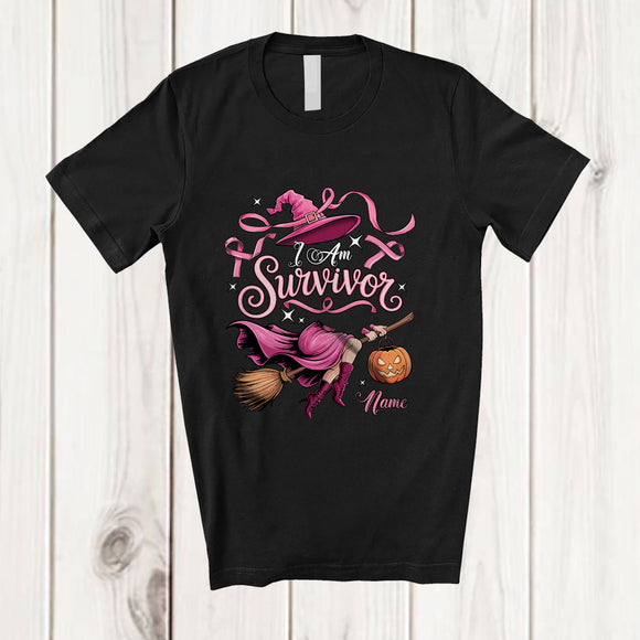MacnyStore - Personalized Custom Name I Am Survivor; Adorable Halloween Breast Cancer Pink Ribbon Witch T-Shirt
