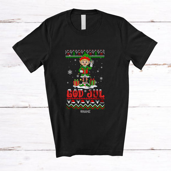 MacnyStore - Personalized Custom Name God Jul; Amazing Christmas Lights Sweater Elf Norwegian T-Shirt