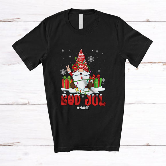 MacnyStore - Personalized Custom Name God Jul; Amazing Christmas Lights Gnome Norwegian; Family T-Shirt
