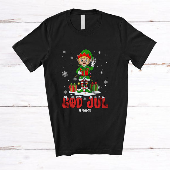 MacnyStore - Personalized Custom Name God Jul; Amazing Christmas Lights Elf Norwegian; Family T-Shirt