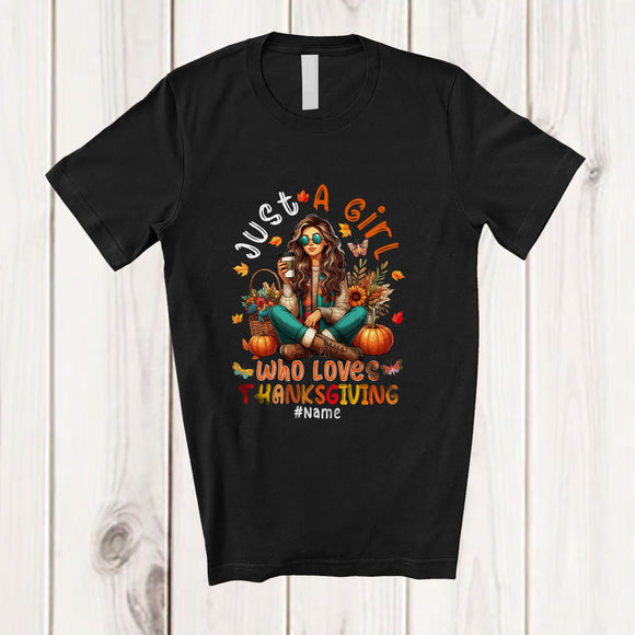 MacnyStore - Personalized Custom Name Just A Girl Who Loves Thanksgiving; Floral Fall Leaves Pumpkins T-Shirt