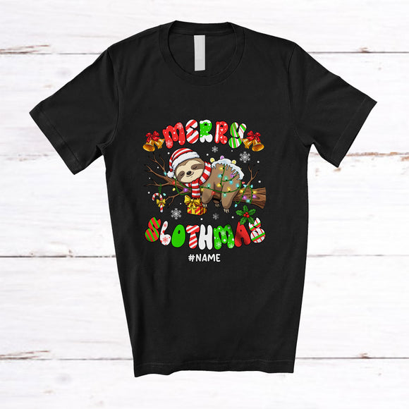 MacnyStore - Personalized Custom Name Merry Slothmas; Humorous Christmas Hanging Sloth; X-mas Lights T-Shirt
