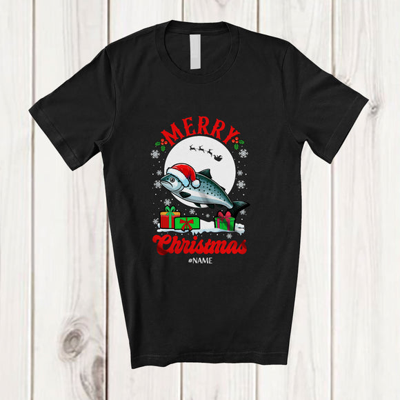 MacnyStore - Personalized Custom Name Merry Christmas; Adorable X-mas Moon Santa Salmon Sea Animal T-Shirt