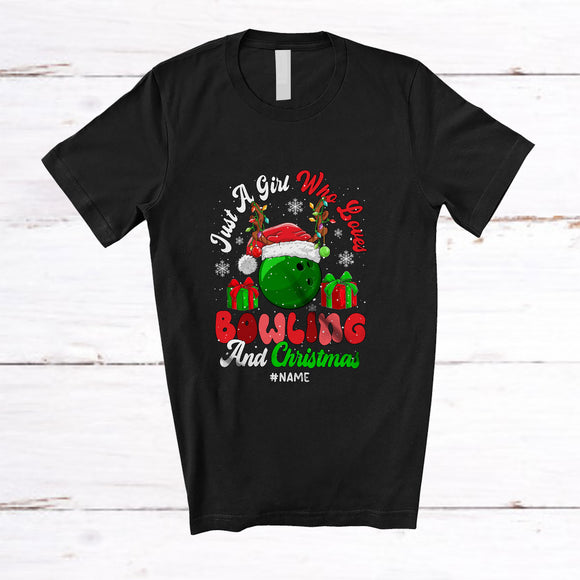 MacnyStore - Personalized Custom Name Girl Who Loves Bowling Christmas; Joyful Sport Santa Player T-Shirt