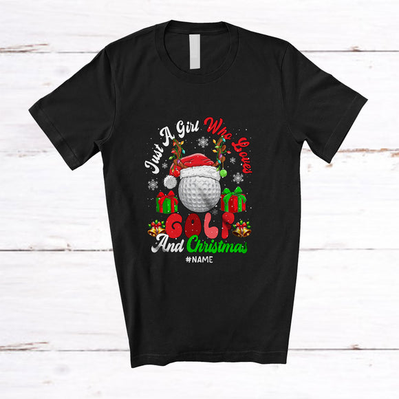 MacnyStore - Personalized Custom Name Girl Who Loves Golf Christmas; Joyful Sport Santa Reindeer Player T-Shirt