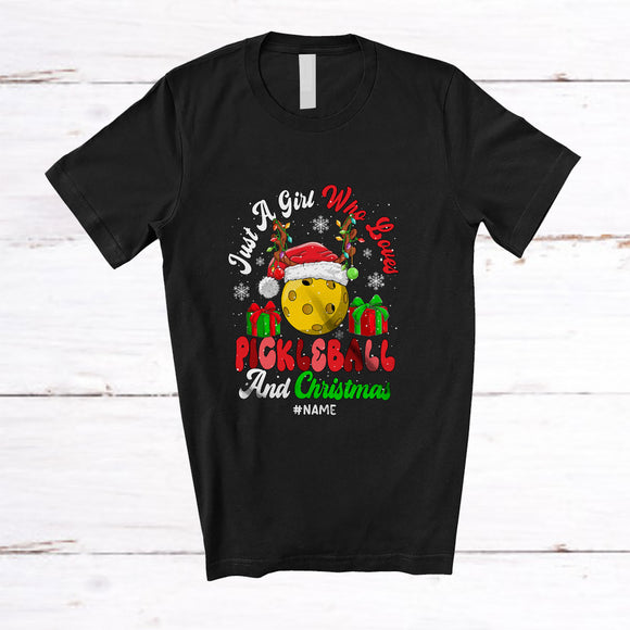 MacnyStore - Personalized Custom Name Girl Who Loves Pickleball Christmas; Joyful Sport Santa Player T-Shirt