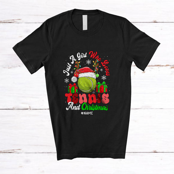 MacnyStore - Personalized Custom Name Girl Who Loves Tennis Christmas; Joyful Sport Santa Reindeer Player T-Shirt