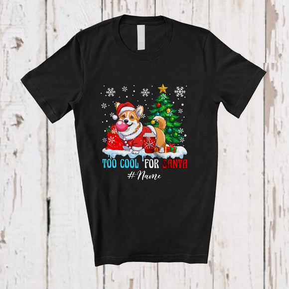 MacnyStore - Personalized Custom Name Too Cool For Santa; Humorous Christmas Tree Snow Corgi Bubble T-Shirt