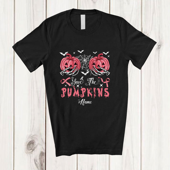 MacnyStore - Personalized Custom Name Save Pumpkins; Scary Halloween Breast Cancer Pink Ribbon Skeleton Hands T-Shirt