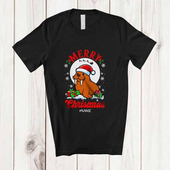 MacnyStore - Personalized Custom Name Merry Christmas; Adorable X-mas Moon Santa Walrus Sea Animal T-Shirt