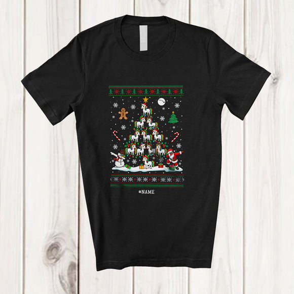 MacnyStore - Personalized Custom Name Santa Llama Christmas Tree; Adorable X-mas Lights Llama Family T-Shirt