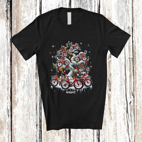 MacnyStore - Personalized Custom Name Santa Bicycle On Christmas Tree; Joyful X-mas Snow Lights Biker T-Shirt