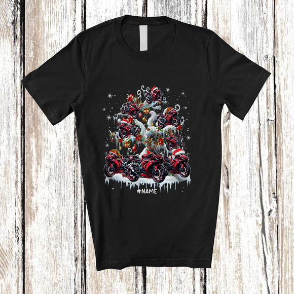 MacnyStore - Personalized Custom Name Santa Motorbike On Christmas Tree; Joyful X-mas Snow Lights Biker T-Shirt