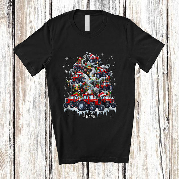 MacnyStore - Personalized Custom Name Santa Tractor On Christmas Tree; Joyful X-mas Snow Lights Farmer T-Shirt