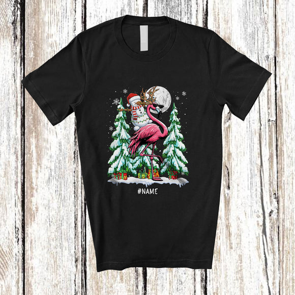 MacnyStore - Personalized Custom Name Dabbing Snowman Riding Flamingo Reindeer; Lovely Christmas Farmer T-Shirt