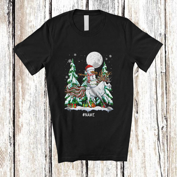 MacnyStore - Personalized Custom Name Dabbing Snowman Riding Unicorn Reindeer; Lovely Christmas Farmer T-Shirt
