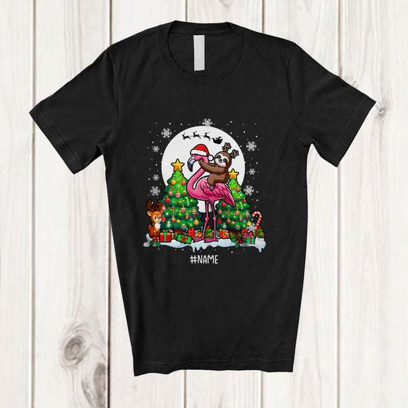 MacnyStore - Personalized Custom Name Sloth Riding Flamingo As Reindeer; Lovely Christmas Tree Animal T-Shirt