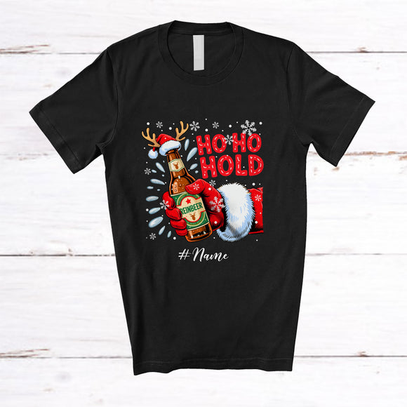 MacnyStore - Personalized Custom Name 2 HoHold Reinbeer; Humorous Christmas Santa Holding Beer Drinking T-Shirt