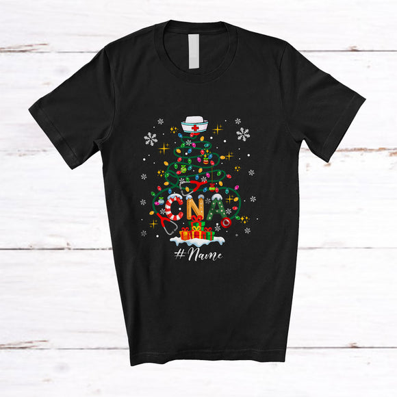 MacnyStore - Personalized Custom Name CNA Stethoscope Christmas Tree; Lovely X-mas Lights Nursing Nurse T-Shirt