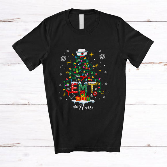 MacnyStore - Personalized Custom Name EMT Stethoscope Christmas Tree; Lovely X-mas Lights Nursing Nurse T-Shirt