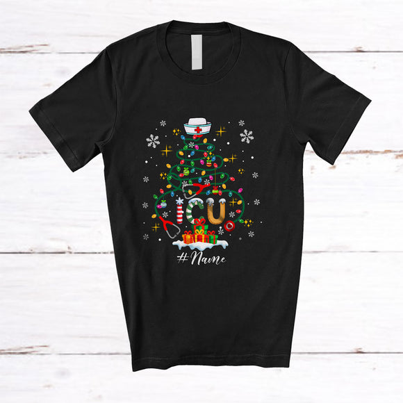 MacnyStore - Personalized Custom Name I.C.U Stethoscope Christmas Tree; Lovely X-mas Lights Nursing Nurse T-Shirt
