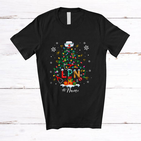 MacnyStore - Personalized Custom Name LPN Stethoscope Christmas Tree; Lovely X-mas Lights Nursing Nurse T-Shirt