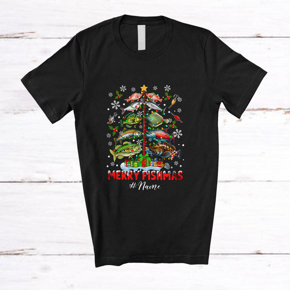 MacnyStore - Personalized Custom Name Merry Fishmas; Awesome Christmas Tree Lights Fish; Fishing Fisher T-Shirt