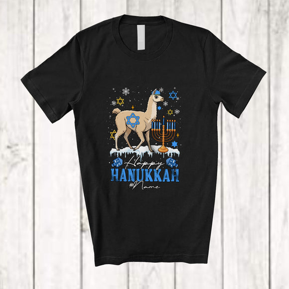 MacnyStore - Personalized Custom Name Happy Hanukkah; Amazing Chanukah Lights Llama Animal Farmer T-Shirt