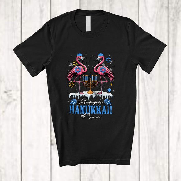 MacnyStore - Personalized Custom Name Happy Hanukkah; Amazing Chanukah Lights Flamingo Animal Lover T-Shirt