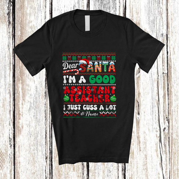 MacnyStore - Personalized Custom Name Santa I'm A Good Assistant Teacher; Amazing Christmas Sweater Careers T-Shirt