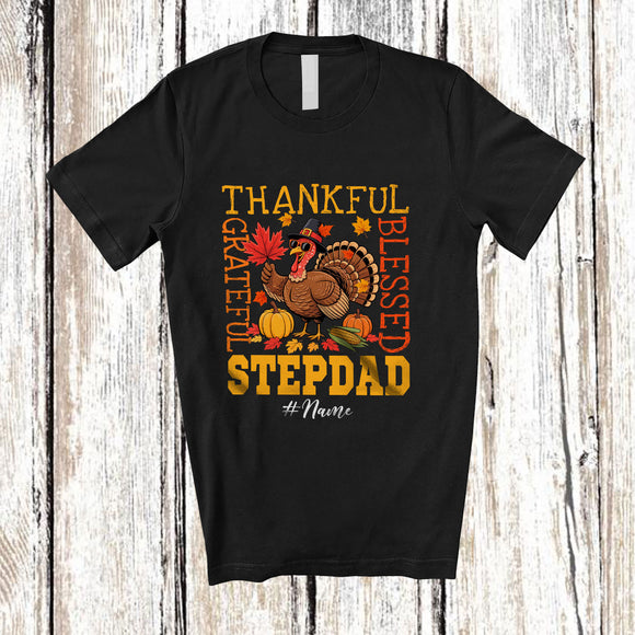 MacnyStore - Personalized Custom Name Thankful Grateful Stepdad; Awesome Thanksgiving Turkey Family T-Shirt